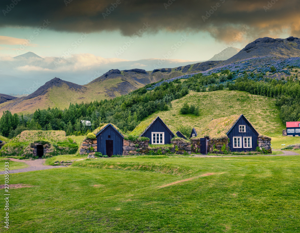 Typical view of Icelandic turf-top houses. Colorful summer morning in the Skogar village, south Iceland, Europe. Traveling concept background. Instagram filter toned.