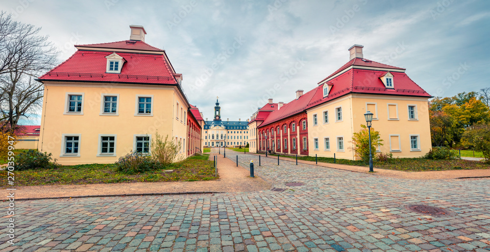 Obraz premium Beautiful morning view of Hubertusburg castle (Exhibition Karl Hans Janke). Picturesque autumn scene of Wermsdorf, Saxony, Germany, Europe. Traveling concept background.