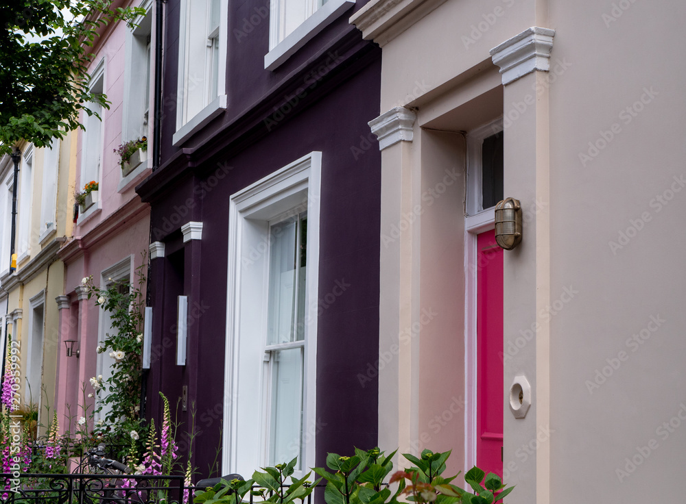 Facade of typical houses Notting hill district in London