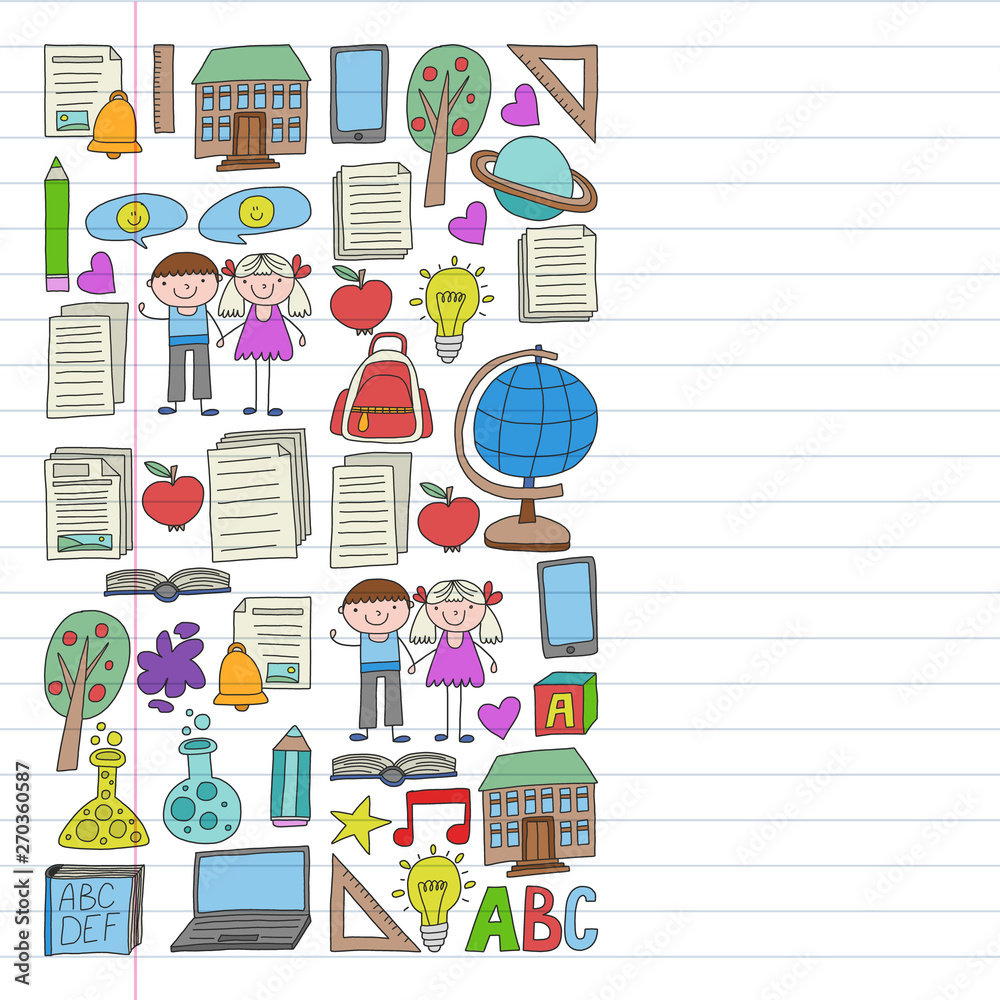 Vector set of Back to School icons in doodle style. Painted, colorful, pictures on a piece of linear paper on white background. Vector set of Back to School icons in doodle style. Painted, colorful, pictures on a piece of linear paper on white background.