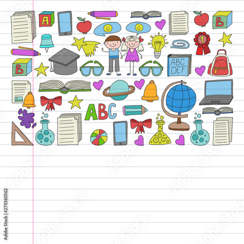 Vector set of Back to School icons in doodle style. Painted, colorful, pictures on a piece of linear paper on white background.