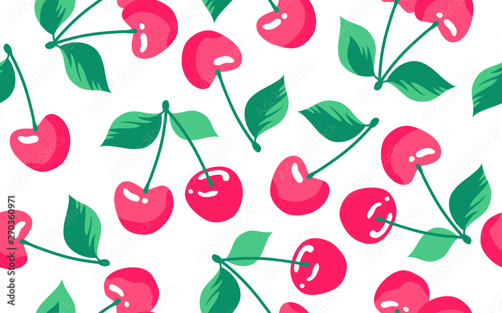 Seamless pattern with cherry on a white background. Vector - obrazy, fototapety, plakaty 
