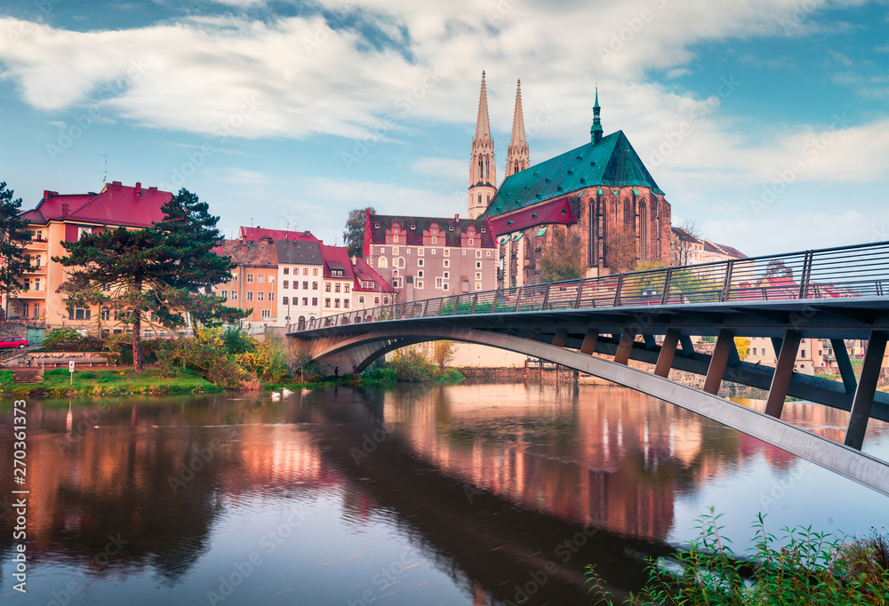 Spectacular morning view of St Peter and Paul’s Church, on the Polish border. Colorful autumn cityscape of Gorlitz, eastern Germany, Europe. Traveling concept background.