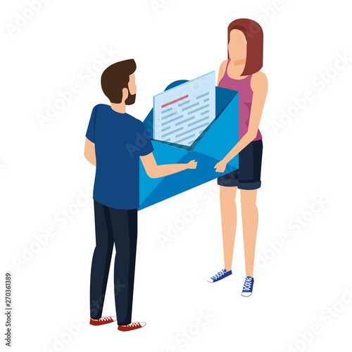 young couple lifting envelope mail send