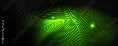 Smoky glowing waves in the dark. Dark abstract background with neon color light and wavy lines. Vector