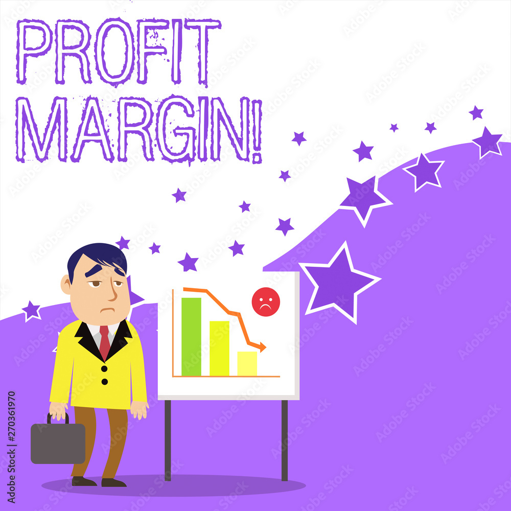Text sign showing Profit Margin. Business photo showcasing amount by which revenue from sales exceeds costs in a business Businessman Clerk with Brief Case Standing Whiteboard Declining Bar Chart Text sign showing Profit Margin. Business photo showcasing amount by which revenue from sales exceeds costs in a business Businessman Clerk with Brief Case Standing Whiteboard Declining Bar Chart
