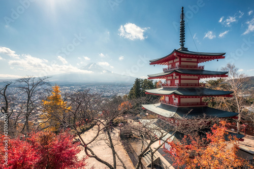 View of Mount Fuji with Chureito Pagoda in autumn