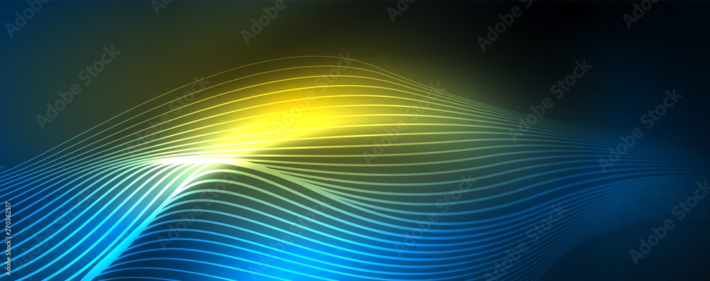 Smooth wave lines on blue neon color light background. Glowing abstract wave on dark, shiny motion, magic space light Smooth wave lines on blue neon color light background. Glowing abstract wave on dark, shiny motion, magic space light