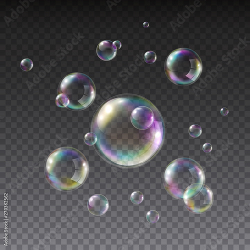 Soap bubble with rainbow colors isolated on transparent background. Realistic vector water foam elements. Colorful iridescent balls or spheres template