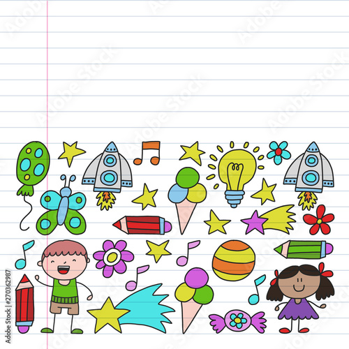 Children garden, Patern, Hand drawn children garden elements pattern, doodle illustration, Vector, illustration, Vertical, line.