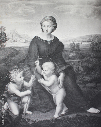 Fotografie, Obraz The Madonna del Prato by Raphael Sanzio in a vintage book Rafael's Madonnen, by A