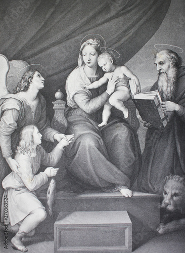 Madonna with the Fish by Raphael Sanzio in a vintage book Rafael's Madonnen, by A. Gutbier, 1881, Dresden. photo