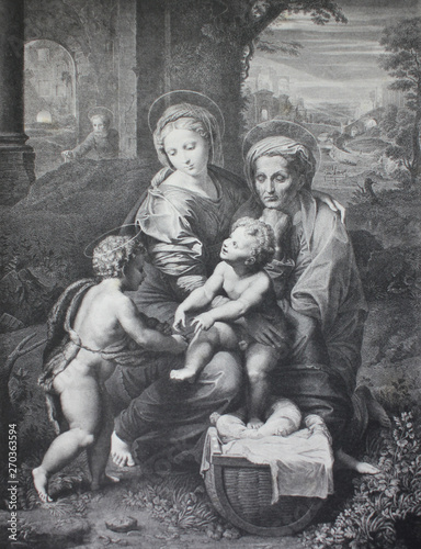 Obraz na plátně holy family, called the pearl by Raphael Sanzio in a vintage book Rafael's Madonnen, by A