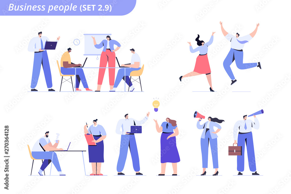  People vector set.  Business team. Teamwork, brainstorming. Success. Men and women. Flat characters isolated on white.