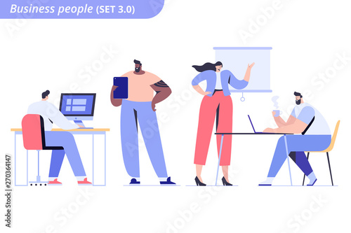 People vector set. Workplace. Business team. Teamwork, brainstorming. Men and women in office. Flat characters isolated on white.