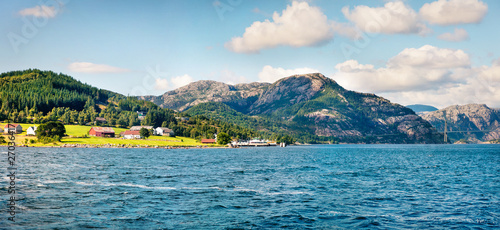 Typical countryside Norwegian landscape. Sunny summer panorama of Norway, Europe. Beauty of countryside concept background. photo