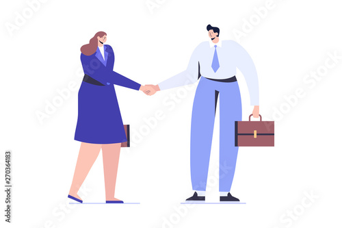 Business people man and woman shake hands. Business agreement and completed the deal with a handshake. Flat  Vector illustration isolated on white.