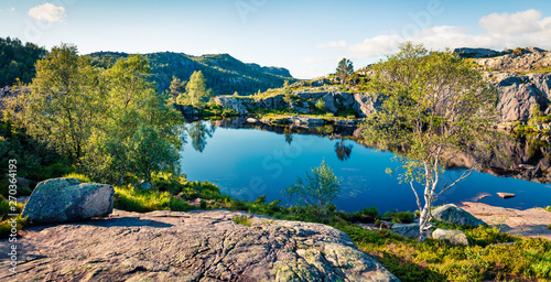 Fototapeta Naklejka Na Ścianę i Meble -  Wonderful summer view of small lake on the mountain plateau. Colorful morning scene on the Nowray countryside. Beauty of nature concept background.