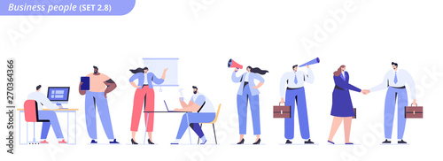 Business team vector horizontal banner. Working in company, discussion, collaboration, partners. Males and females vector flat characters isolated on white.