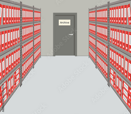 Archive. The room for storage of documents. Interior. There are racks with red folders and a door with a sign "Archive" in the picture. Vector illustration