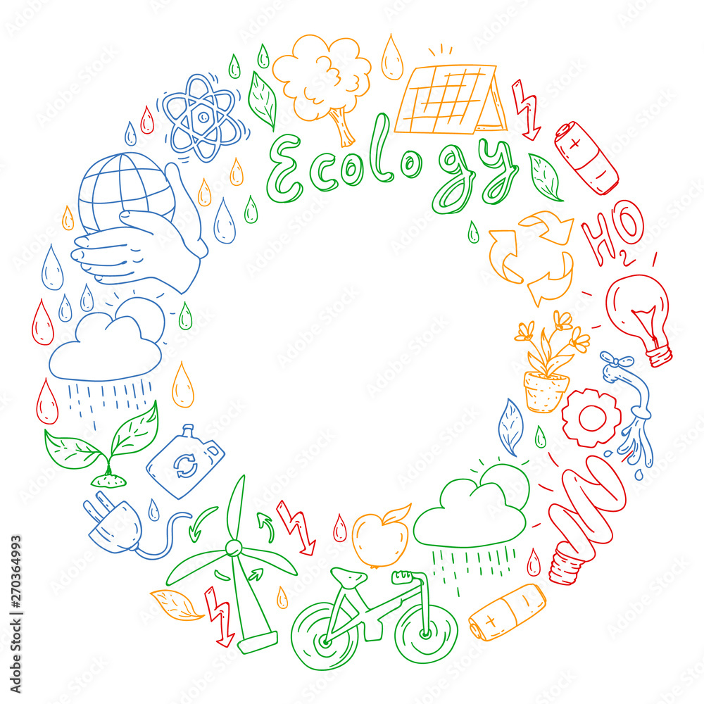 Vector logo, design and badge in trendy drawing style - zero waste concept, recycle and reuse, reduce - ecological lifestyle and sustainable developments icons.