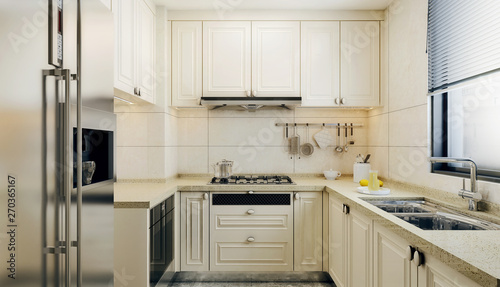 Modern interior design of small kitchen,  bright colored kitchen elements with beige tiles and window above sink, 3d rendering