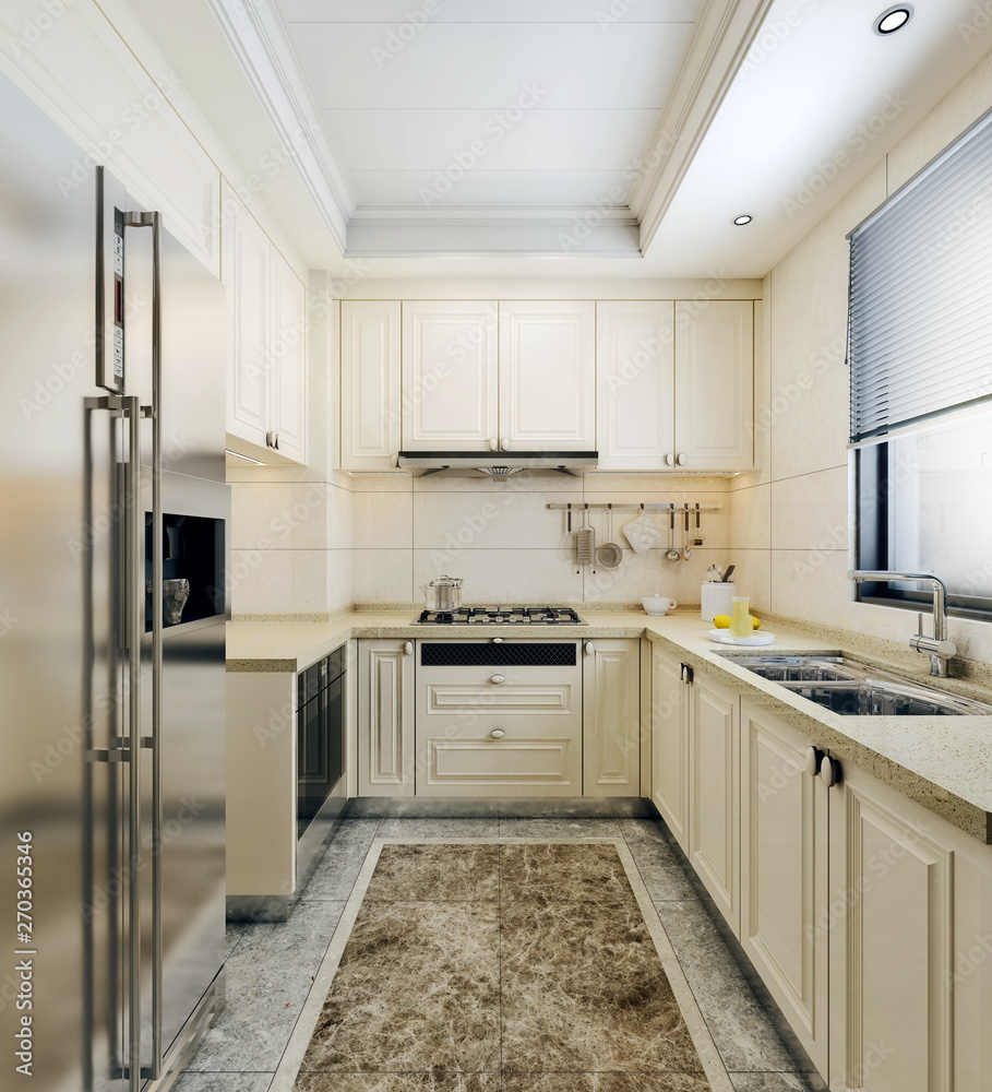 modern interior design of small kitchen, bright colored kitchen
