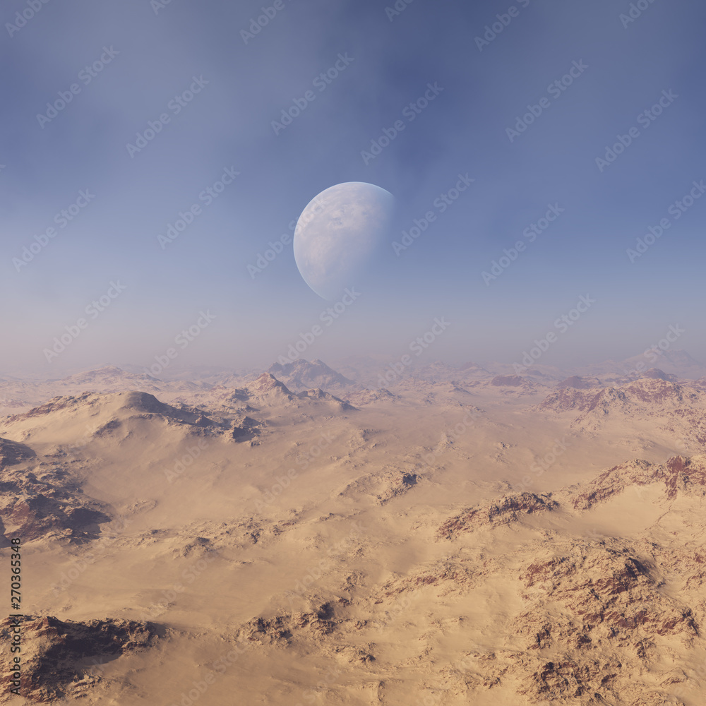3d rendered Space Art: Alien Planet - A Fantasy Landscape with blue skies and clouds