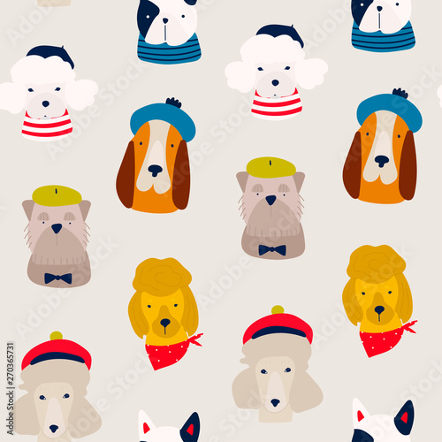 Various dog breeds. French dogs. Different cute funny characters. Hand drawn vector seamless pattern. Colored trendy illustration. Flat design