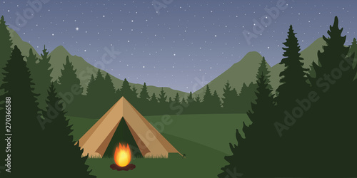 tent with campfire by night in the forest green landscape and starry sky vector illustration EPS10