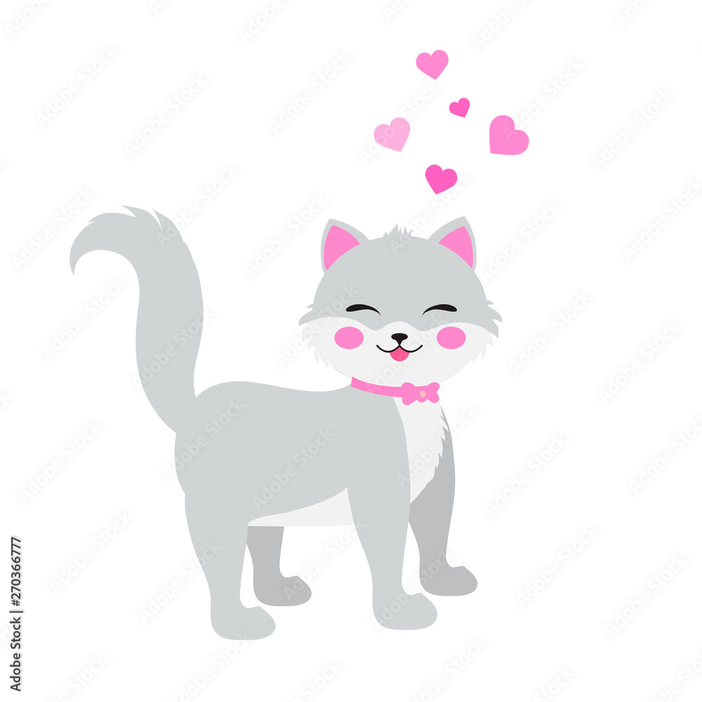 cute little cat and hearts vector illustration
