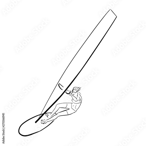 Single female windsurfer on windsurf board. Abstract isolated contour. Hand drawn outlines. Black line drawing. Windsurfing illustration. Vector silhouette.
