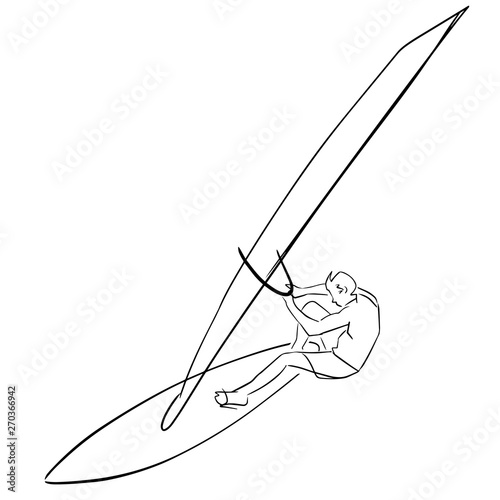 Single male windsurfer on windsurf board. Abstract isolated contour. Hand drawn outlines. Black line drawing. Windsurfing illustration. Vector silhouette.