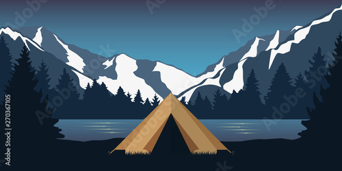 camping adventure by the lake in the wilderness at snowy mountains vector illustration EPS10