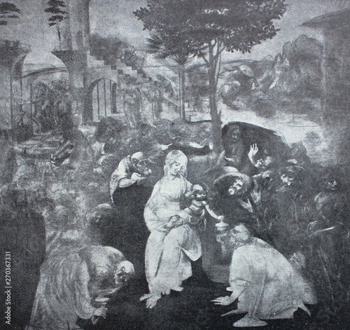 Valokuva The adoration of the magi by Leonardo Da Vinci in a vintage book Leonard de Vinci, author A