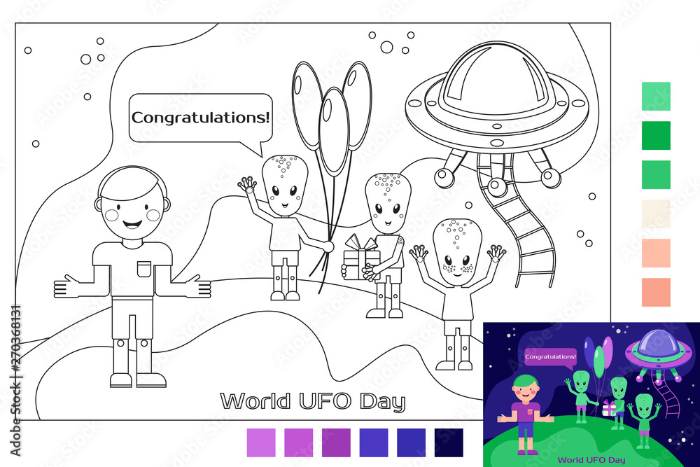 Obraz premium Coloring book. UFO day. Aliens wish people happy holidays. Congratulations. Spaceship. Flying saucer.