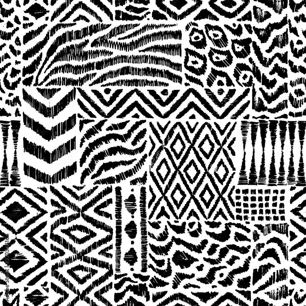 Seamless pattern in patchwork style. Zebra, leopard fur, ethnic and tribal motifs. Black and white patchwork print. Handwork. Grunge texture. Vector illustration. Seamless pattern in patchwork style. Zebra, leopard fur, ethnic and tribal motifs. Black and white patchwork print. Handwork. Grunge texture. Vector illustration.