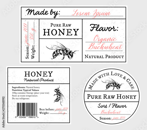 Set of vector card templates with honey bee - lid, front and back labels.