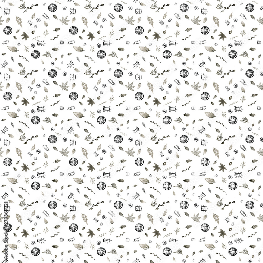 Abstract background with black and white circles. Watercolor pattern, hand drawn clip art ink style on white background. Doodle illustration, Ethnic color