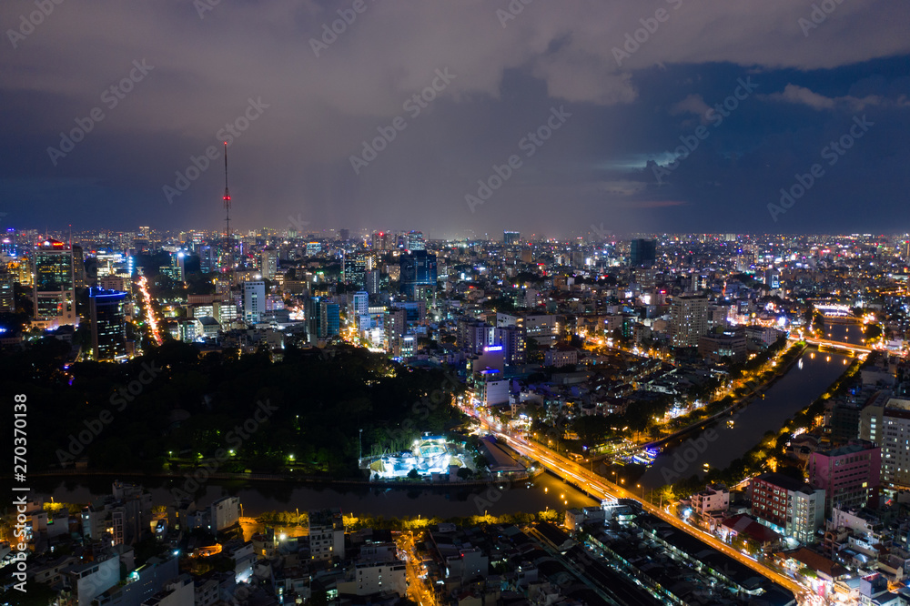 Landscape at Ho Chi Minh city at night - at Viet nam  by drone 