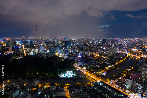Landscape at Ho Chi Minh city at night - at Viet nam by drone © Nhut