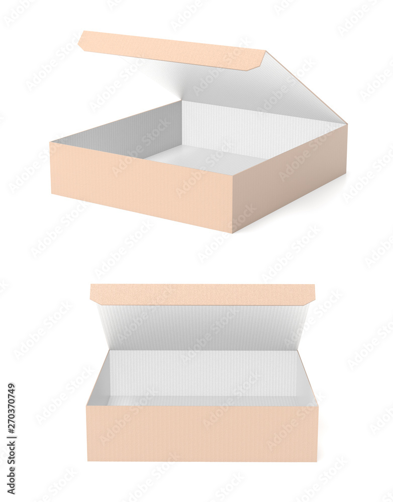 Obraz premium Flat brown paper boxes. Open cartons. 3d rendering illustration isolated
