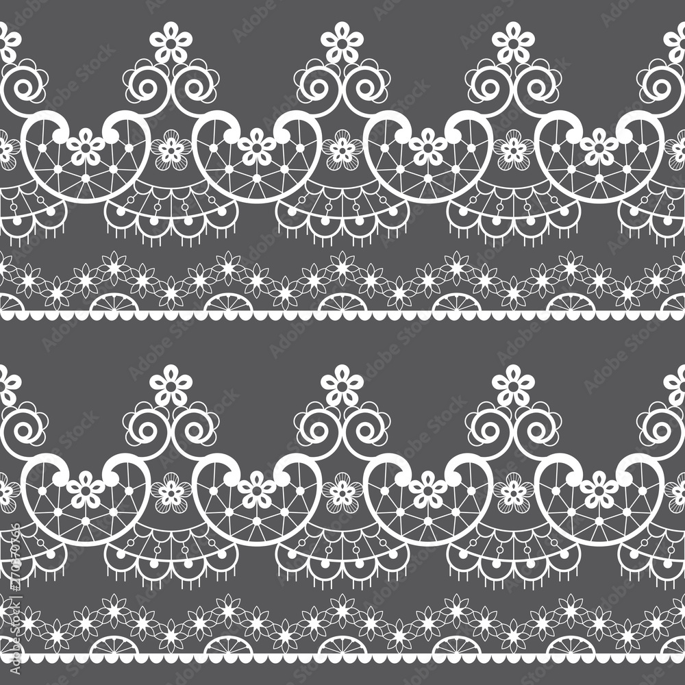 Decorative seamless lace pattern - vector lace repetitive emrboidery design, retro wedding art in white on gray background