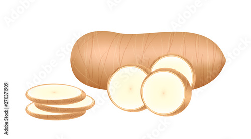 raw cassava fresh isolated on white background, cassava cut slice for tapioca flour industry or ethanol industry, pile yucca cassava tuber, raw manioc cassava in top view