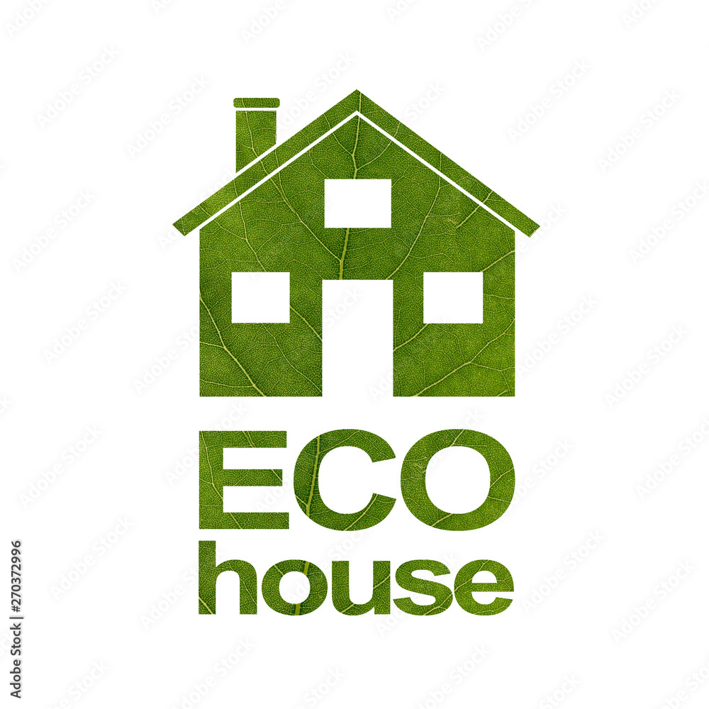 House icon on a white isolated background from a green leaf. The inscription ECO HOUSE. Close-up House icon on a white isolated background from a green leaf. The inscription ECO HOUSE. Close-up