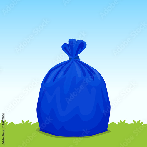 blue bag plastic garbage on grass sky background, bin bag, garbage bags for waste, pollution plastic bag waste, 3r ad, waste plastic bags and copy space for banner advertising background