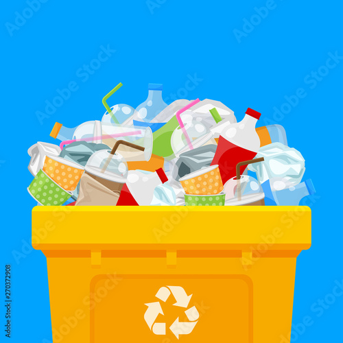 yellow bin full and plastic garbage waste isolated blue square background, plastic waste dump on the bin, plastic waste on the bin separation for recycle conservation environmental, pollution garbage