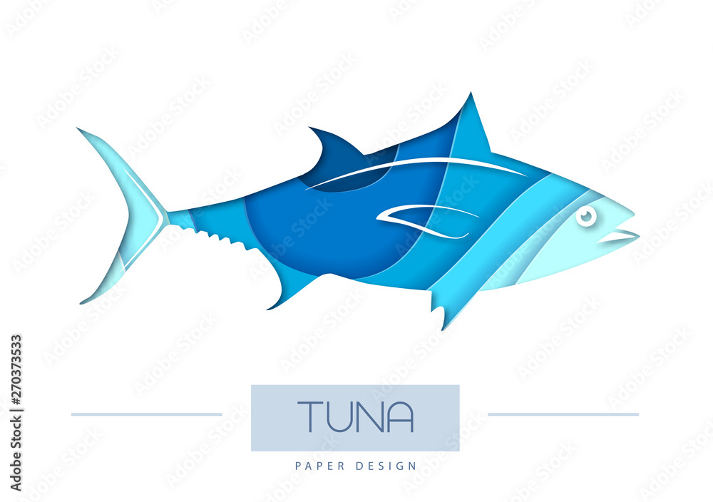 Vector illustration of Fish tuna silhouette. Cut out paper art style design.