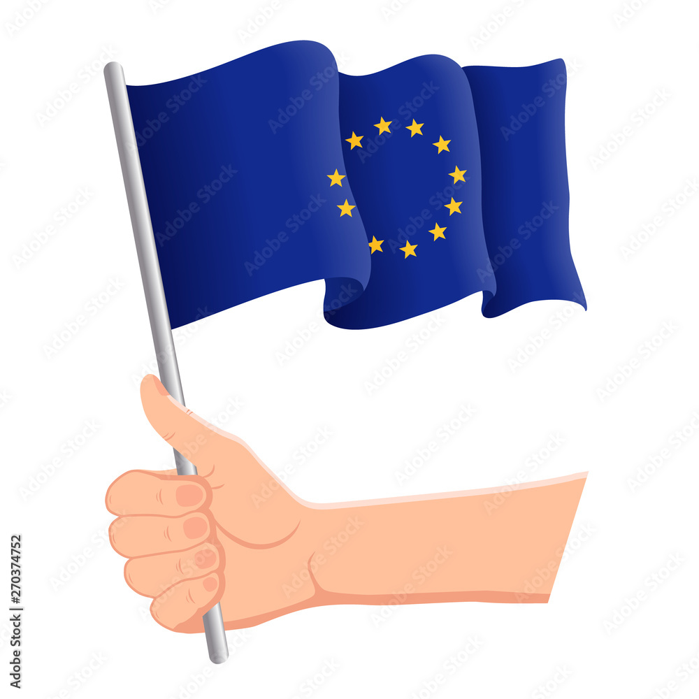 Hand holding and waving the national flag of European Union. Fans, independence day, patriotic concept. Vector illustration, eps 10. Hand holding and waving the national flag of European Union. Fans, independence day, patriotic concept. Vector illustration, eps 10.