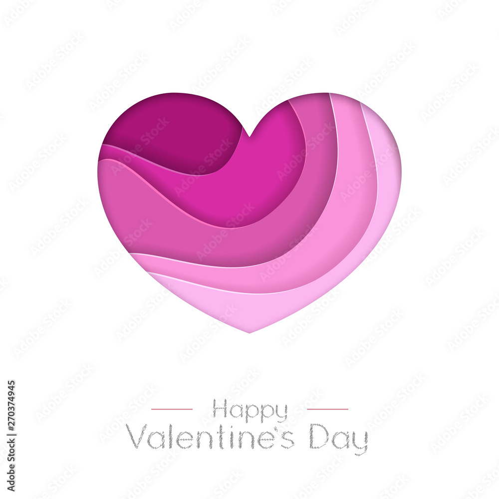 Happy Valentines day greeting card with love heart  silhouette. Cut out paper art style design